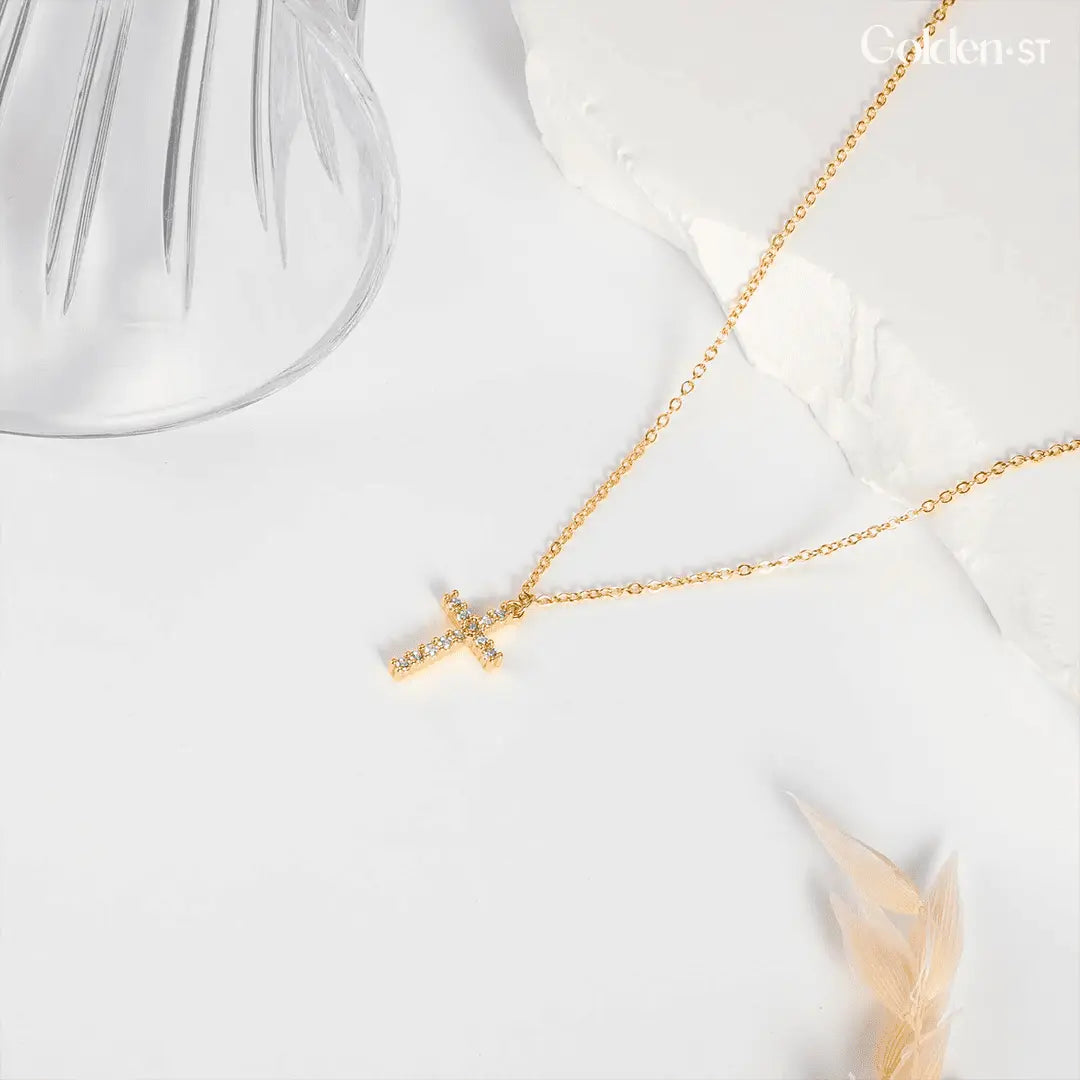 Gold-Plated Sterling Silver Cross Necklace Studded with Zircon