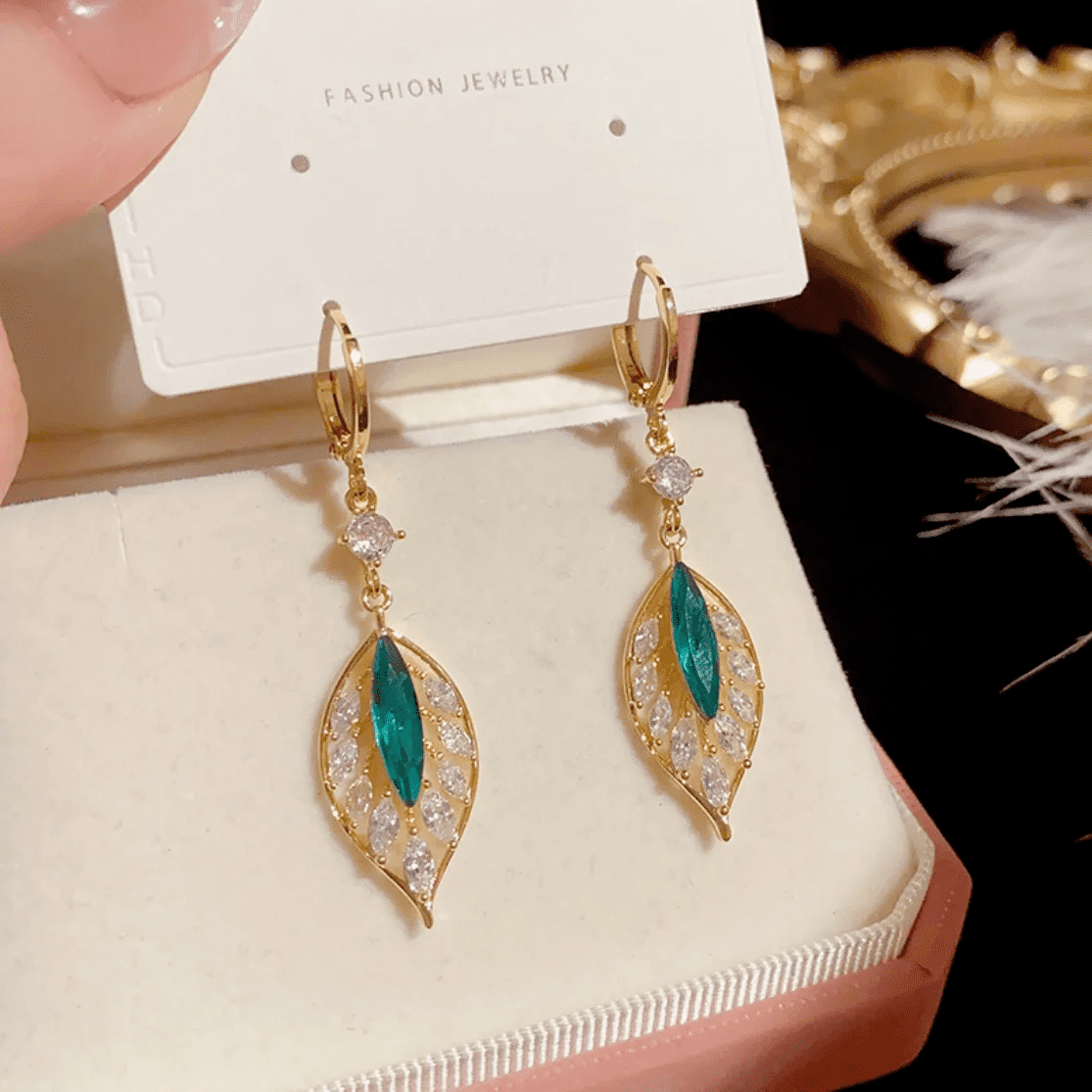 Long Green Leaf Earrings - Luxury Crystal | New Launch