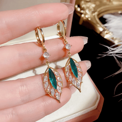 Long Green Leaf Earrings - Luxury Crystal | New Launch