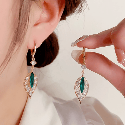 Long Green Leaf Earrings - Luxury Crystal | New Launch