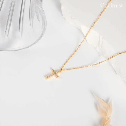 Gold-Plated Sterling Silver Cross Necklace Studded with Zircon