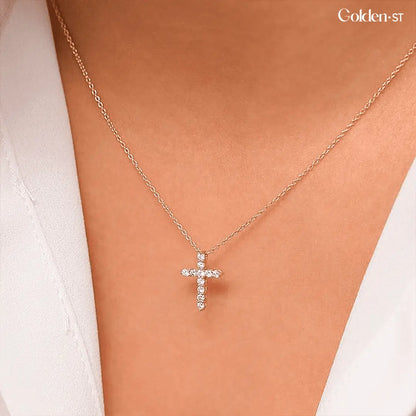 Gold-Plated Sterling Silver Cross Necklace Studded with Zircon