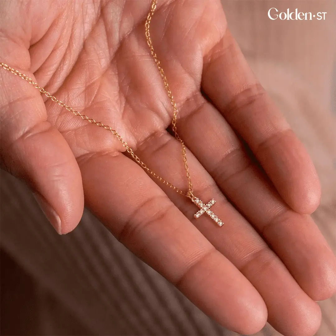 Gold-Plated Sterling Silver Cross Necklace Studded with Zircon