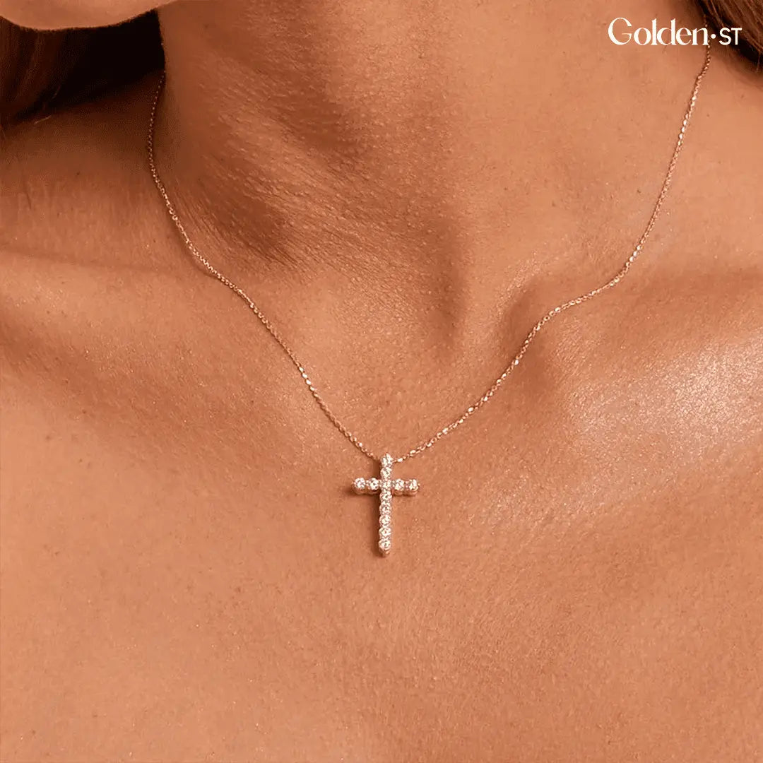 Gold-Plated Sterling Silver Cross Necklace Studded with Zircon