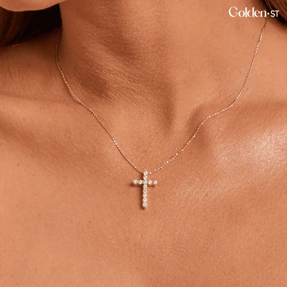 Gold-Plated Sterling Silver Cross Necklace Studded with Zircon