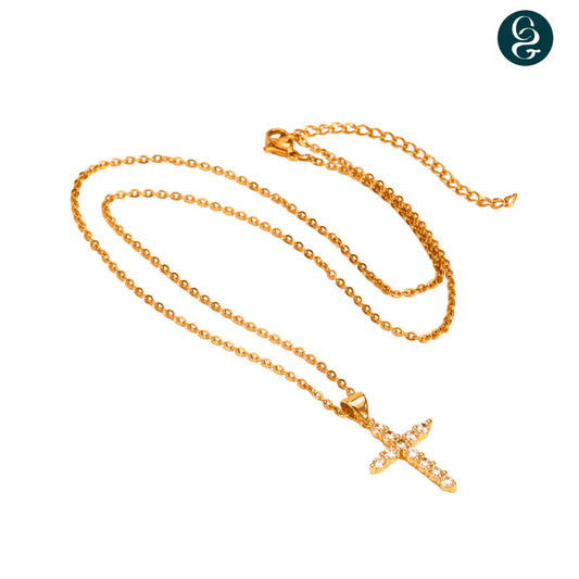 Gold-Plated Sterling Silver Cross Necklace Studded with Zircon