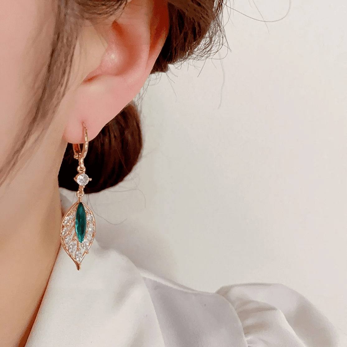 Long Green Leaf Earrings - Luxury Crystal | New Launch