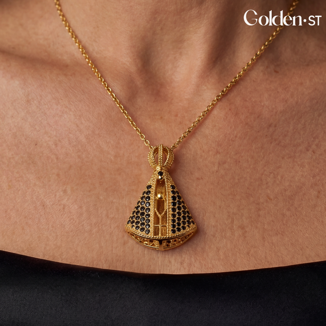 (BUY 1 GET 2) Gold-Plated Reversible Our Lady of Aparecida Necklace with Zirconia Mantle