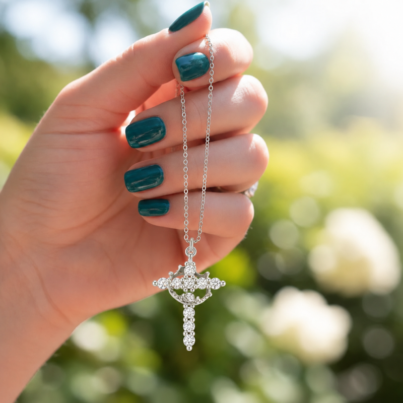 Gold-finished crown cross pendant necklace on a fine chain - photo 5