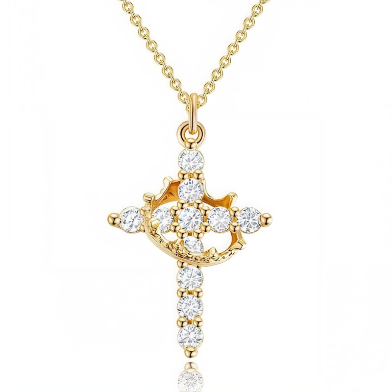 Gold-finished crown cross pendant necklace on a fine chain
