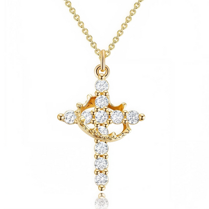 Gold-finished crown cross pendant necklace on a fine chain