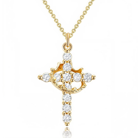 Gold-finished crown cross pendant necklace on a fine chain