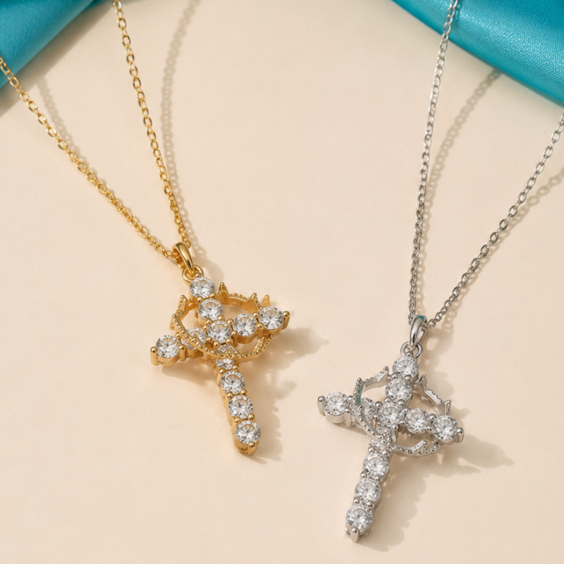 Gold-finished crown cross pendant necklace on a fine chain - photo 6