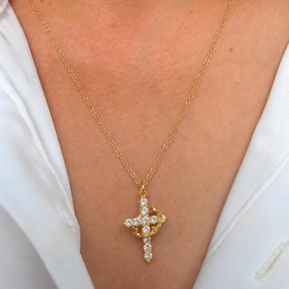 Gold-finished crown cross pendant necklace on a fine chain - photo 2